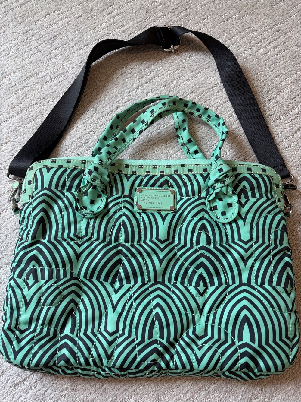 Marc by Marc Jacobs Mint and Black Geometric Quilted Computer Bag